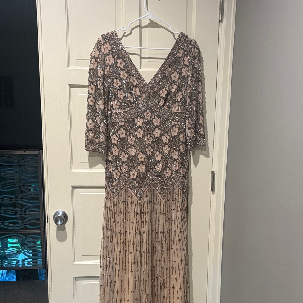 Pisarro Nights Beige Floral Beaded Gown